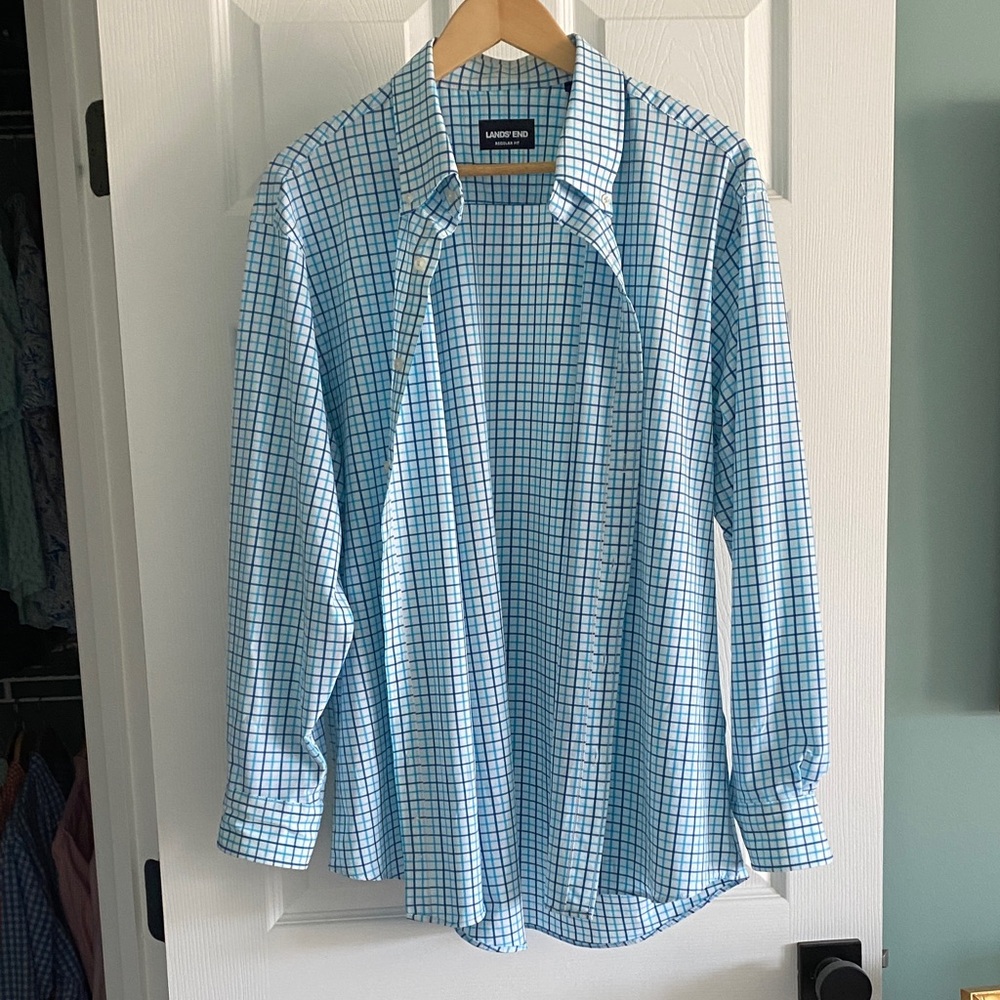 Lands' End | Men's Long Sleeve Travel Kit Shirt | Blue Plaid